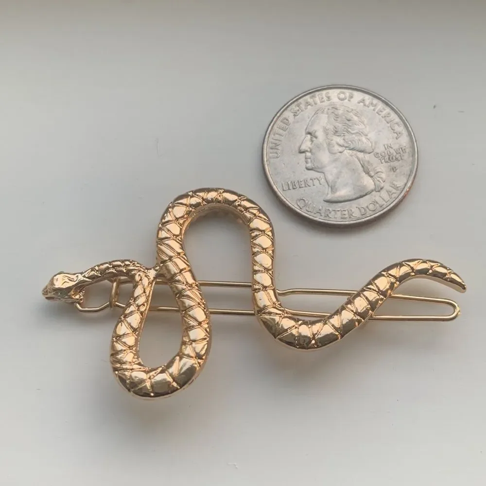 Serpent Barrette with Green Crystal Eyes - Gold Tone Snake Hair Clip
